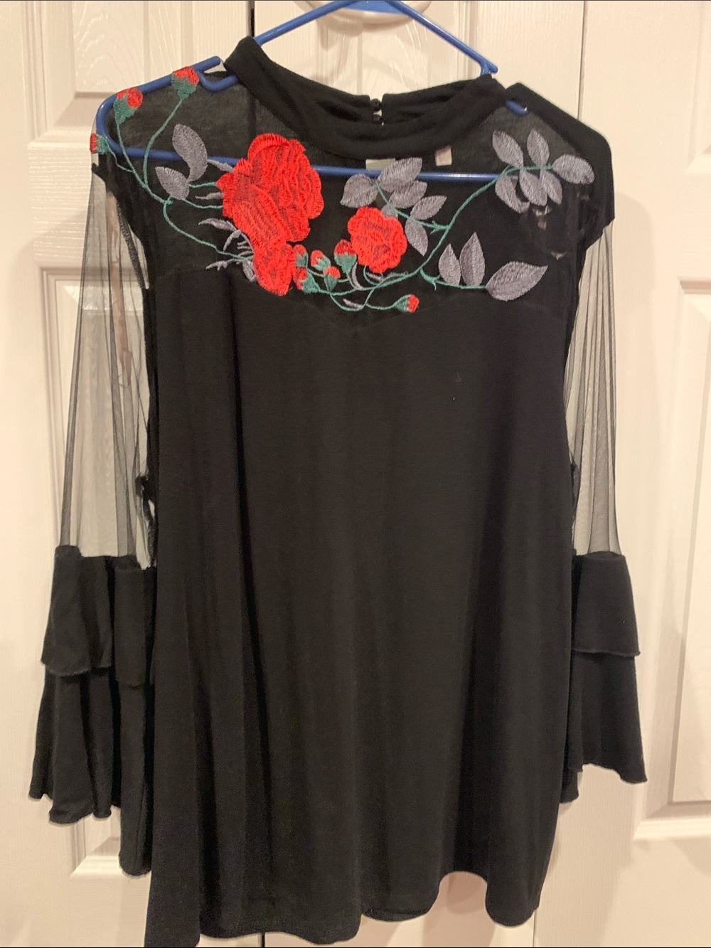 Adiva Black Top with Red Rose Embroidery
